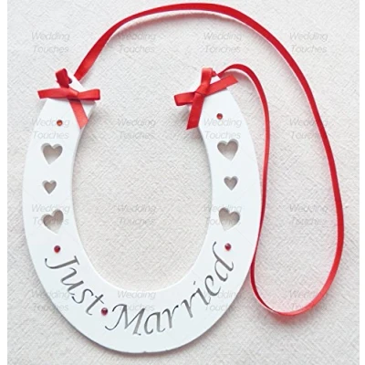 Image of Just Married White Wedding Handmade Lucky Horseshoe Hanging Wooden Accessory with Red Decoration