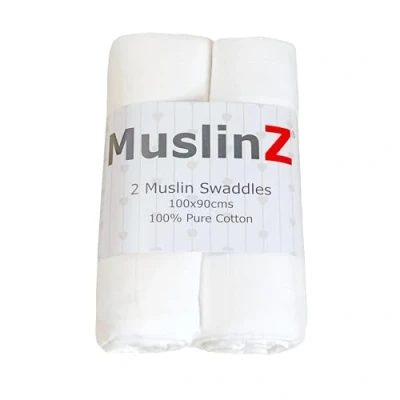 Image of MuslinZ Baby Muslin Squares, Soft, Breathable and Absorbent Newborn Receiving Blanket, Swaddles XL 100x90cms 100% Cotton (2 Pack) (White)