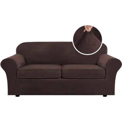 Image of LINGKY Velvet Sofa Cover 2 Seater With Separate Seat Cushion Covers, Stretch Couch Non Slip Slipcovers for Living Room Furniture Protector (Brown,Large Seater)