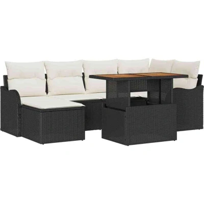 Image of vidaXL 7 Piece Garden Sofa Set with Cushions Black Poly Rattan Acacia