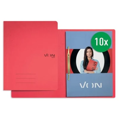 Image of VON Leitz 30130025 Pack of 10 A4 File Folders, Cardboard, with Stapling Mechanism, for 250 Sheets, Soft Cover, School, Study and Home, Red