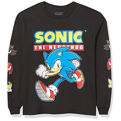Image of SEGA Boy&#039;s Hedgehog Long Sleeve Tee Sonic, Tails, Knuckles T Shirt, Black, 7