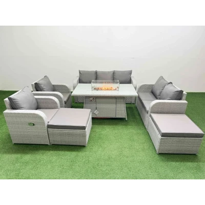 Image of Pe Rattan Garden Furniture Set Reclining Chair Sofa Double Love Seat 2 Seater Lounge Firepit Dining Table Big Footstool Light Grey Fimous