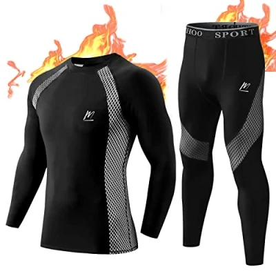 Image of MeetHoo Men&#039;s Thermal Underwear Set, Winter Base Layer Compression Suit Long Johns for Running Skiing Black