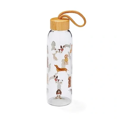 Image of Cooksmart 500ml Glass Water Bottle Eco Friendly With Lid &amp; Carry Handle Bottles For Office, Sports or On The Go Curious Dogs