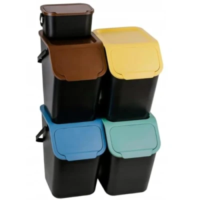 Image of Go Practic Kitchen Bin Set With Food Waste Caddy 5 Pieces Recycling Bins For Click Lid 25 L Brown Blue Yellow Green