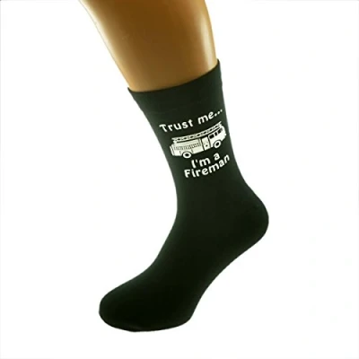 Image of Trust me I&#039;m a Fireman and Fire Engine Image Printed on Black Mens Cotton Rich Socks