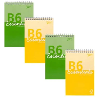 Image of Pukka Pad Essentials B6 Shorthand Notebook Pack of 4 Top Wire Bound Notepads in Assorted Green &amp; Yellow 160 Pages, 80 Sheets FSC 60GSM Lined Paper with Page Perforation