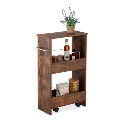 Image of Relaxdays Niche Trolley, 3 Shelves, Narrow Kitchen &amp; Bathroom Cart, HWD: 66.5 x 42 20 cm, Mobile Shelf, Castors, Brown, Fibreboard
