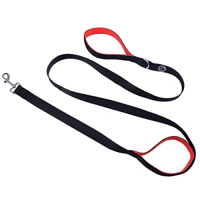 Image of igadgitz home U7244 Polyester Padded Double Handle Dog Lead, Lead with Traffic Handle, Leash Black and Red 180cm (6ft)