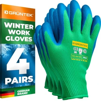 Image of GRÜNTEK 4 Pairs of Protective Thermal Winter Gardening Work Gloves with Polyester Lining and Latex Coating, Size XL/10, Suitable for Private Commercial Use