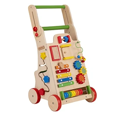 Image of KiddyMoon Wooden Baby Walker Interactive Educational Toy for Children Multifunctional Push Along Babies Montessori Kids Model WK 002, Multicolored