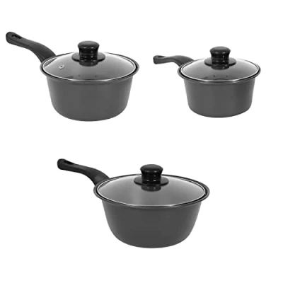 Image of Set of 3 Non Stick Saucepans Graphite Saute Pans with Glass Lids All Hob Types Premium Kitchen Accessories Student