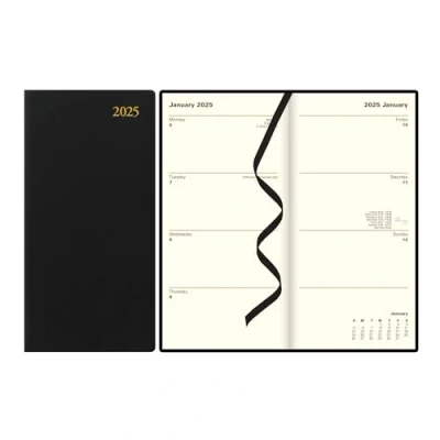 Image of Letts of London Signature Slim Week to View Leather Diary with Planners 2025, 6.8 inch Height, Black, Office and School Supplies, C38SUBK