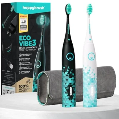 Image of happybrush Eco Vibe 3 Sonic Electric Toothbrush in Set of Two Durable with 6 Week Battery Travel Case Black/Mint &amp; White/Mint