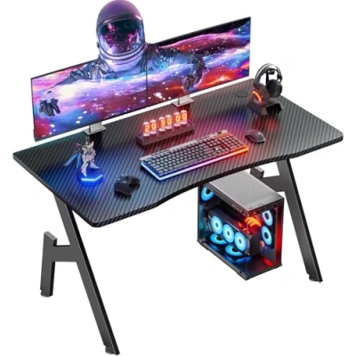Image of DLONGONE Gaming Desk with Whole Board, 100 x 50cm Computer Desk, PC for Home Office, A Shaped Table，Simple Assembly, Black