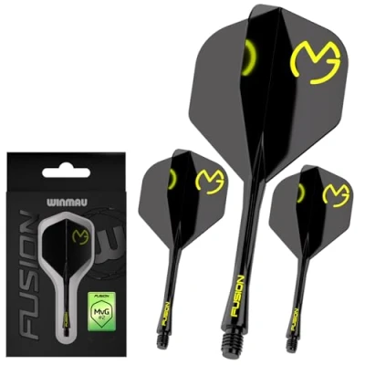 Image of Winmau Darts Michael Van Gerwen MvG Fusion Integrated Flight &amp; Shaft System No.2 Shape Design Black Green Colour, Medium Length