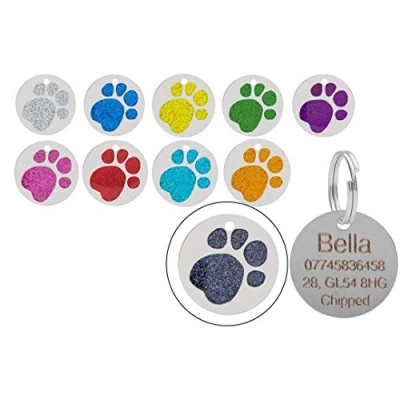 Image of JK Personalised Engraved Round Glitter Paw Print Dog/Cat Pet ID Tag Small/Large (36mm Extra Large, Black)