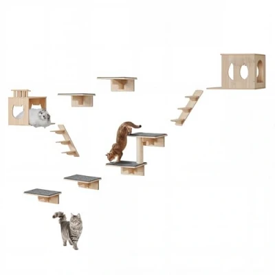 Image of VEVOR Wall Mounted Cat Shelves, Shelves and Perches with Jumping Boards, Beds, Hammocks &amp; Tree, Furniture up to 40 lbs for Sleeping, Playing, Climbing, Set of 9