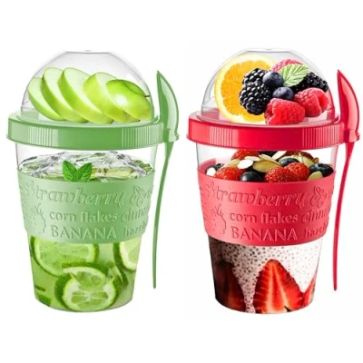 Image of VL Yogurt Pots Spoon Reusable 600ML Overnight Oats Muesli Cup with Lid BPA free Breakfast Cereal To Go Dishwasher Safe Snack Lunch Oatmeal Jars Travel Meal Food Container 20 oz (Red,Green)