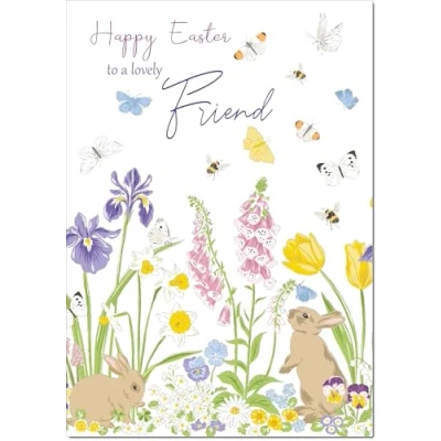 Image of doodlecards Friend Easter Card Spring Flowers with Bunnies Medium Size Plain Envelope