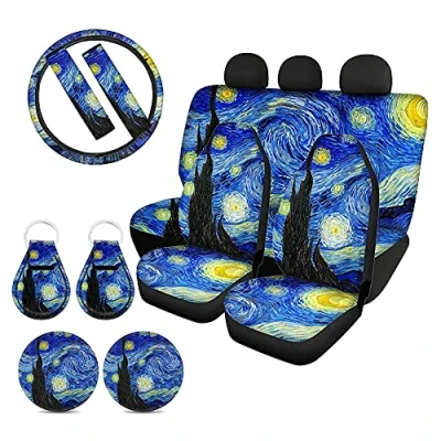 Image of Biyejit Van Gogh Starry Night Print Car Seat Covers Full Set Universal Front and Rear Bench Back Cover with Steering Wheel Cover/Seat Belt Strap Cover/Cup Coasters/Auto Keychains
