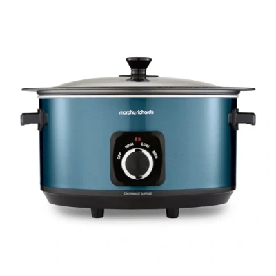 Image of Morphy Richards Accents 6.5L Sear &amp; Stew Slow Cooker, Shatter Resistant Non Stick Aluminium Pot, Single Pot Cooking, 3 Heat Settings, Hob Proof, Glass Lid, Easy Clean View, Blue, 461023