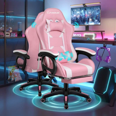 Image of ELFORDSON Gaming Chair with Massage Lumbar Support Footrest, Computer Office Chairs High Back 150 Reclining, Gamer for Kids Adults, Pink and White