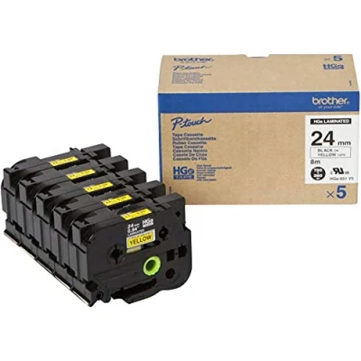 Image of Brother HGE 651V5 Black on yellow Roll (2.4 cm x 8 m) 5 cassette(s) laminated tape for P Touch PT 9500pc, 9700PC, 9800PCN, R RL 700S