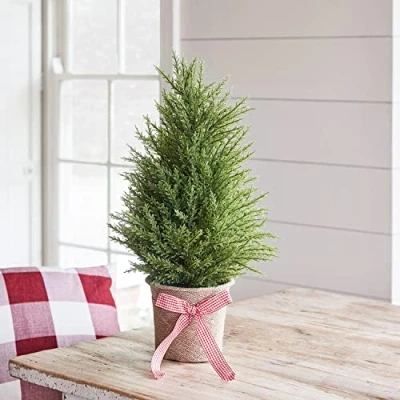 Image of Lights4fun Artificial Mini Potted Christmas Fir Tree Decoration with Red Ribbon 55cm
