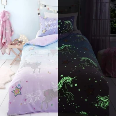 Image of Bedlam Glow in the Dark Unicorn Duvet Cover Single Bedding Size (200 x 140cm) Reversible (2 Designs) Magical Star &amp; for Girls Themed Pink Lilac