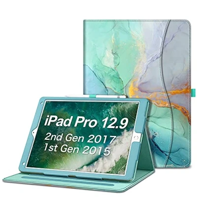 Image of Fintie Multi Angle Case, 2017/2015 iPad Pro 12.9 inch (Old Model) 1st &amp; 2nd Gen Case [Corner Protection] Folio Stand Cover with Pencil Holder Pocket, Auto Wake/Sleep, Emerald Marble