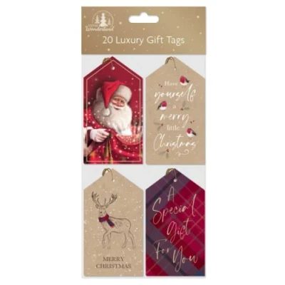 Image of SKYTE® 20 Christmas Luxury Gift Tags Traditional Kraft Tags, Xmas Paper Tag Label With String Present (20 Gold Tags)