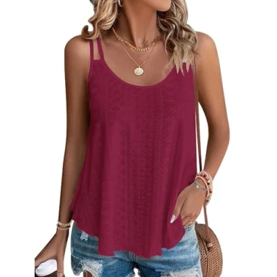 Image of WNEEDU Women&#039;s Summer Tank Tops Ladies Sleeveless Vests Tanks Top Loost Fit Casual Shirts Vest Blouses Cami Camisole Burgundy S