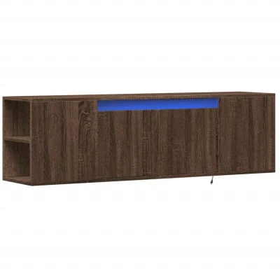Image of vidaXL TV Wall Cabinet with LED Lights Floating Stand Ample Storage Brown Oak, Engineered Wood, 2 Drawers 135x31x39.5 cm