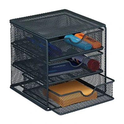 Image of Relaxdays Desk Organiser, 3 Compartments, Drawers, Mesh Design, H x W D: 17 16 cm, Metal, Grey, Steel