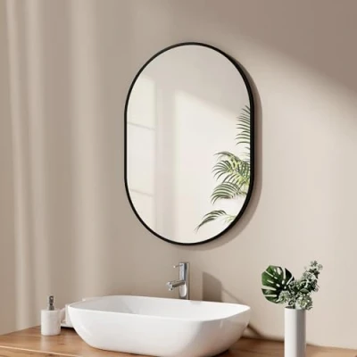 Image of EMKE Oval Mirror Wall 50 x 70cm, Black Frame Mounted Vanity Mirror, Small Bathroom Hanging for Living Room, Bedroom, Entryway