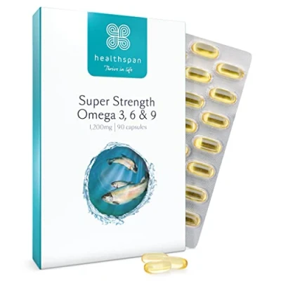 Image of Healthspan Super Strength Omega 3, 6 &amp; 9 1,200mg (90 Capsules) Brain, Eye Heart Health Fatty Acids Premium Fish, Borage Extra Virgin Olive Oils Sustainably Sourced
