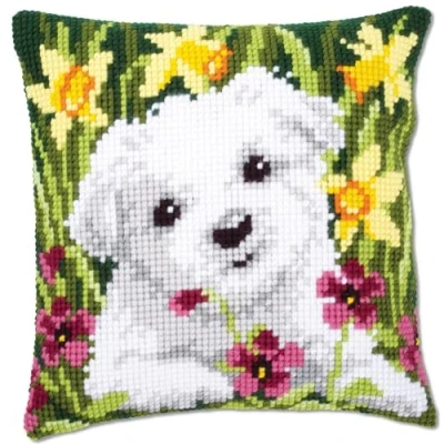 Image of Vervaco Westie in Daffodils Cross Stitch Cushion, Multi Colour