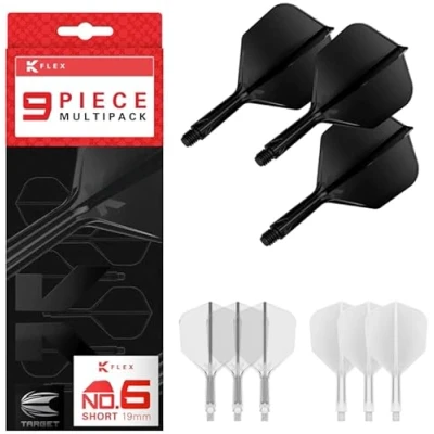 Image of TARGET Darts K Flex Integrated Dart Flights and Shafts, Intermediate Stem (26mm), No.6 Flight, 9 pack Bundle, Black, White &amp; Clear Kflex 2 In 1 Flight Stem, Professional Accessories