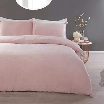 Image of Sleepdown Pom Pink Fleece Warm Cosy Soft Easy Care Plain Flannel Duvet Cover Quilt Bedding Set with Pillowcases Super King (260cm x 230cm)