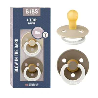 Image of BIBS Colour Glow Soother 2 Pack, in The Dark BPA Free Dummy Pacifier, Round Nipple. Natural Rubber Latex, Size 1 (0 6 Months), Vanilla Night/Dark Oak Night