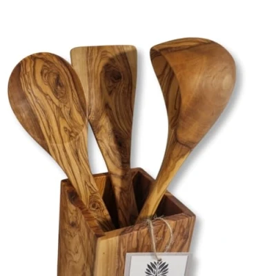 Image of Olive Wood Kitchen Utensil Set, 3 Pieces Spatula, Spoon and Ladle (30 cm)