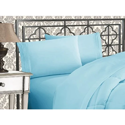 Image of Elegant Comfort Luxurious 1500 Premium Hotel Quality Microfiber Three Line Embroidered Softest 4 Piece Bed Sheet Set, Wrinkle and Fade Resistant, California King, Aqua