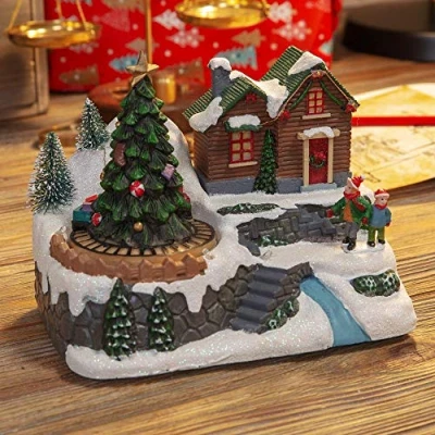 Image of Christams Musical Snowy Village Scene Lights and Moving Train 6602