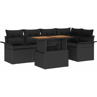 Image of vidaXL 6 Piece Garden Sofa Set with Cushions Black Poly Rattan