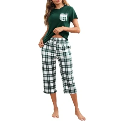 Image of ReliWel Women&#039;s Pajama Set Short Sleeve Sleepwear Top with Pants Two Piece Pj Soft Loungewear Summer Pjs Sets for Women, Green, M