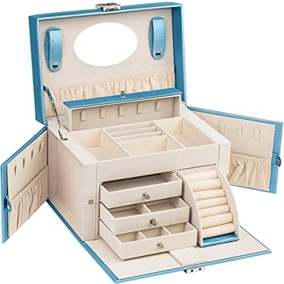 Image of ADEL DREAM Jewelry Box, Lockable Mirror Handle Case For Travel, 4 Tier With 3 Drawers, Storage Gift Idea Women, Champagne Blue