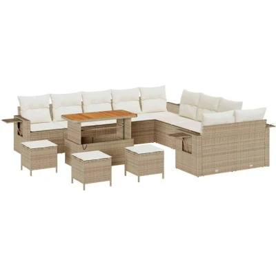 Image of vidaXL 14 Piece Garden Sofa Set with Cushions Beige Poly Rattan Acacia