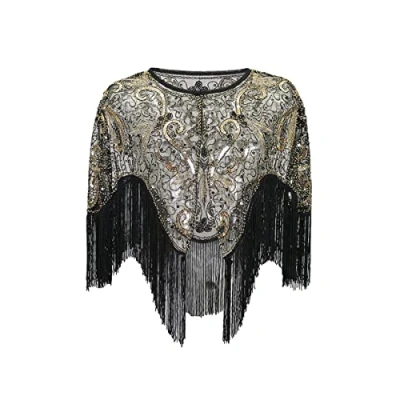 Image of Grouptap 1920s Lace shawl gatsby bolero sequin shrug wrap cape for girls women flapper art deco evening costume (One Size) (Gold)